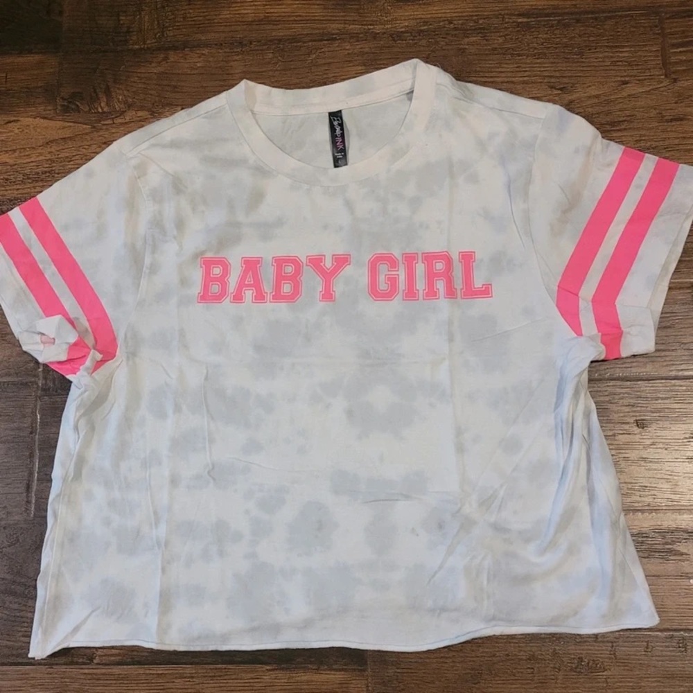 Electric Family White Tee with Pink "Baby Girl" Graphic and Sleeve Stripes